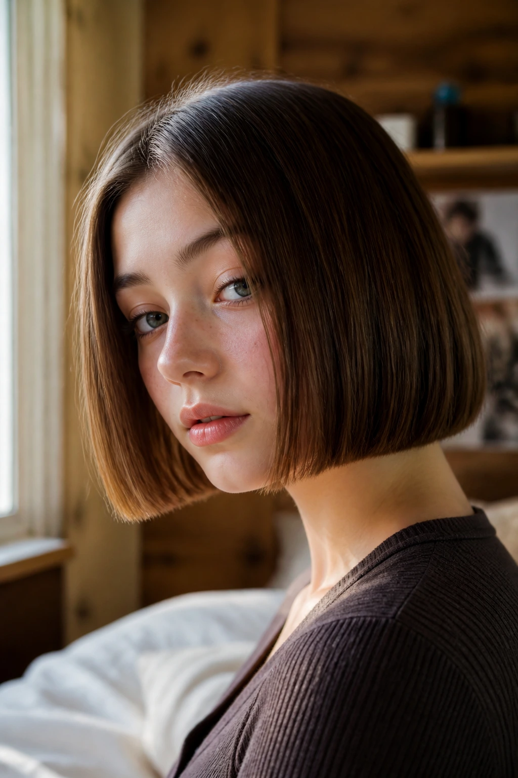 Close-up portrait of a teen with a chin-length blunt bob in warm bedroom light