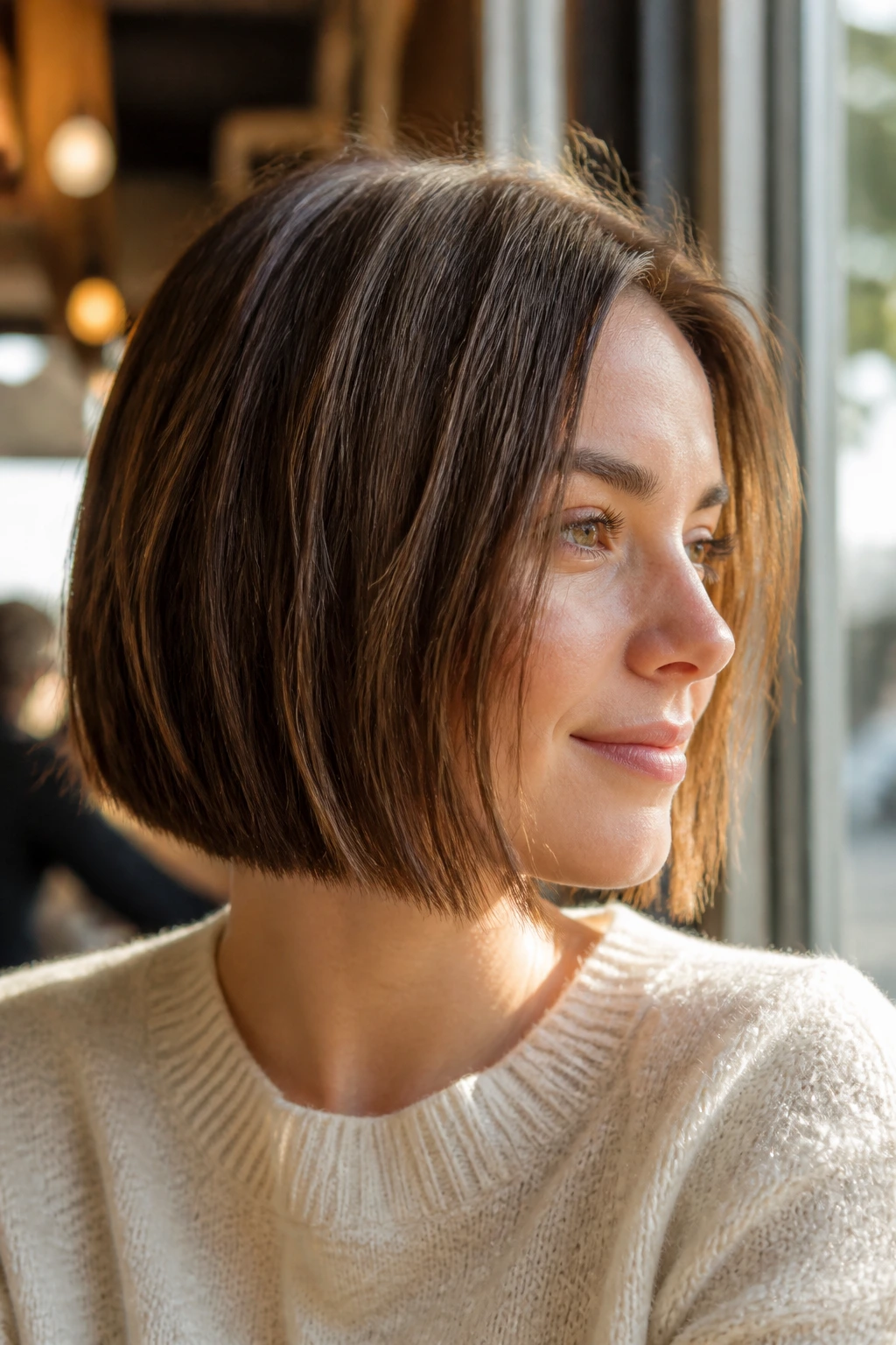 Close-up of a woman with blunt bob and surface texture in cafe light