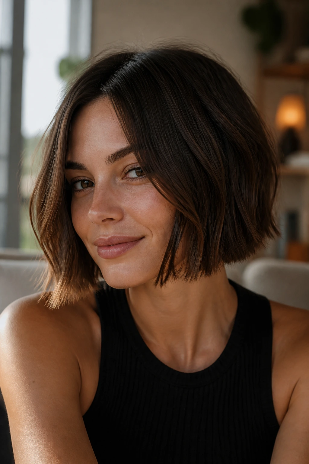 Close-up portrait of a real woman with a blunt bob and piecey texture in warm window light.