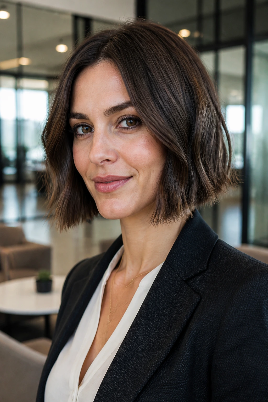 Close-up portrait of a woman with a textured blunt-end bob in an office setting.