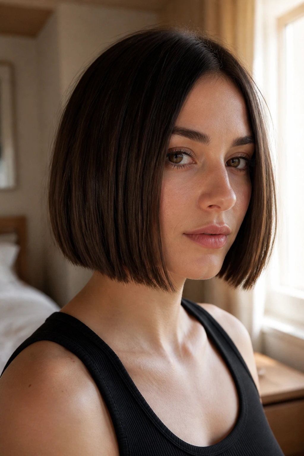 Close-up portrait of a real woman with a blunt bob showing a crisp jaw-length edge.
