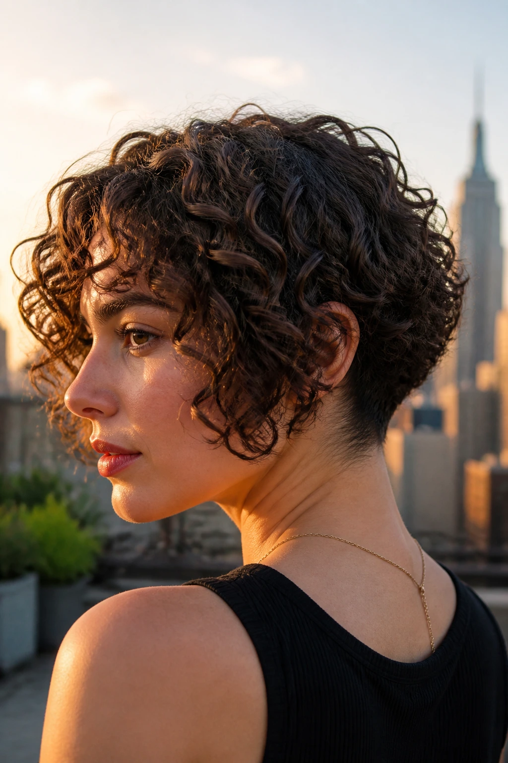 Portrait of woman with blunt curly bob and hidden undercut