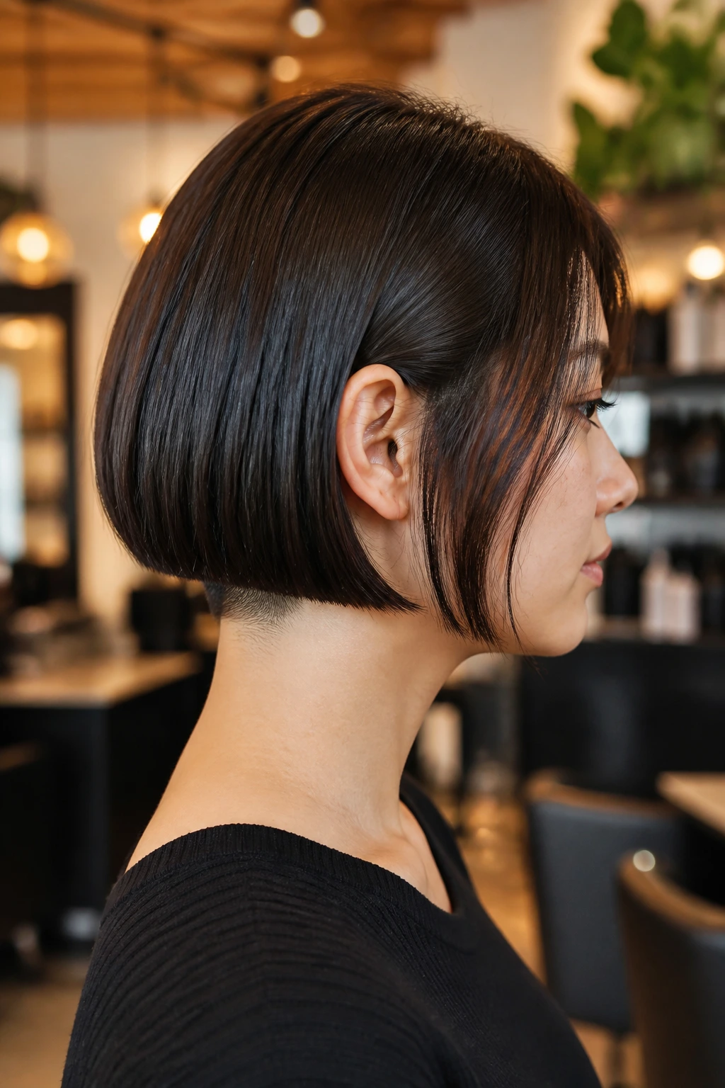 Side-profile of a woman with blunt bob and hidden undercut at the nape.