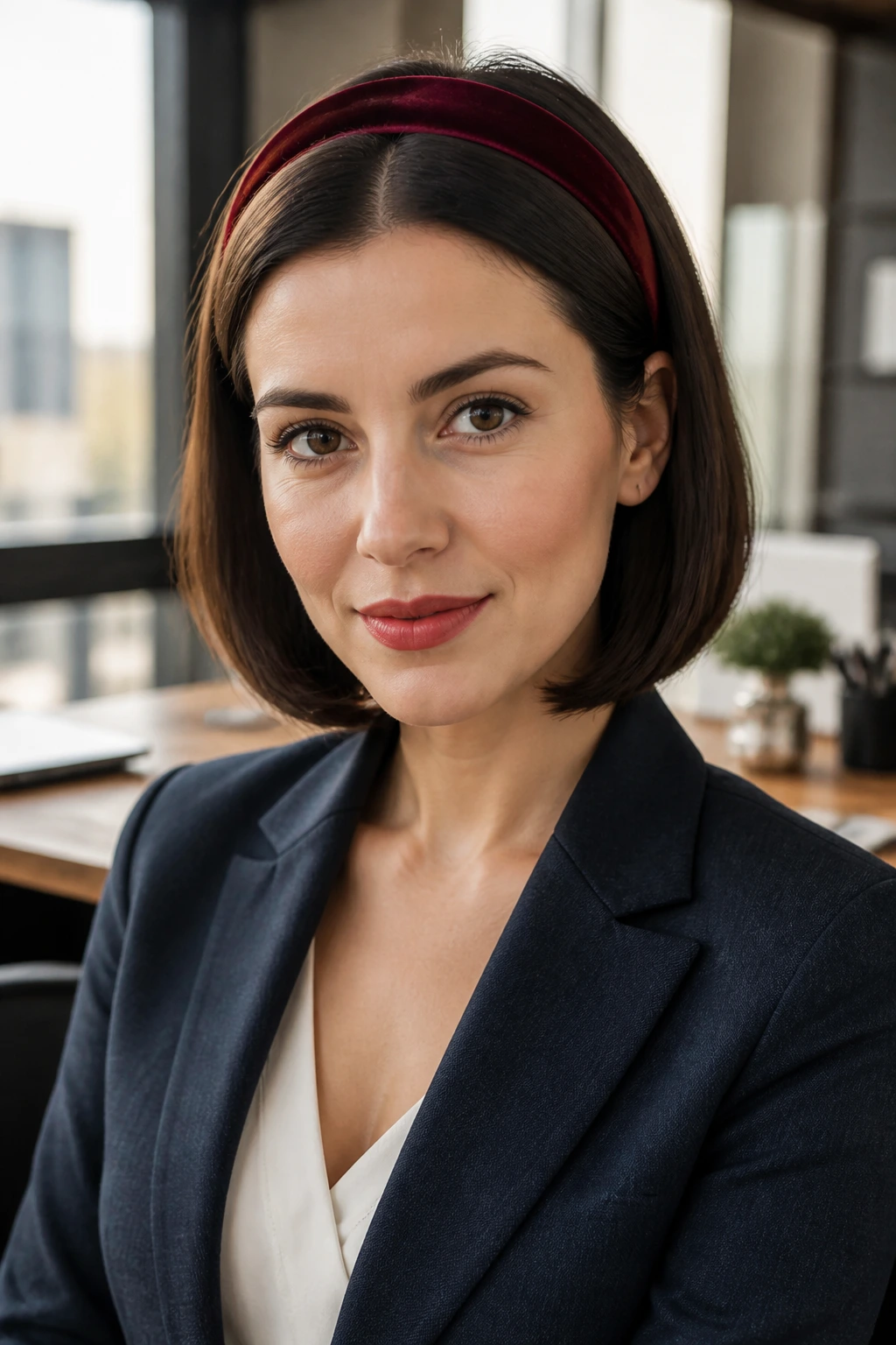 Close-up of a real woman with blunt bob and ruby velvet headband in a professional setting