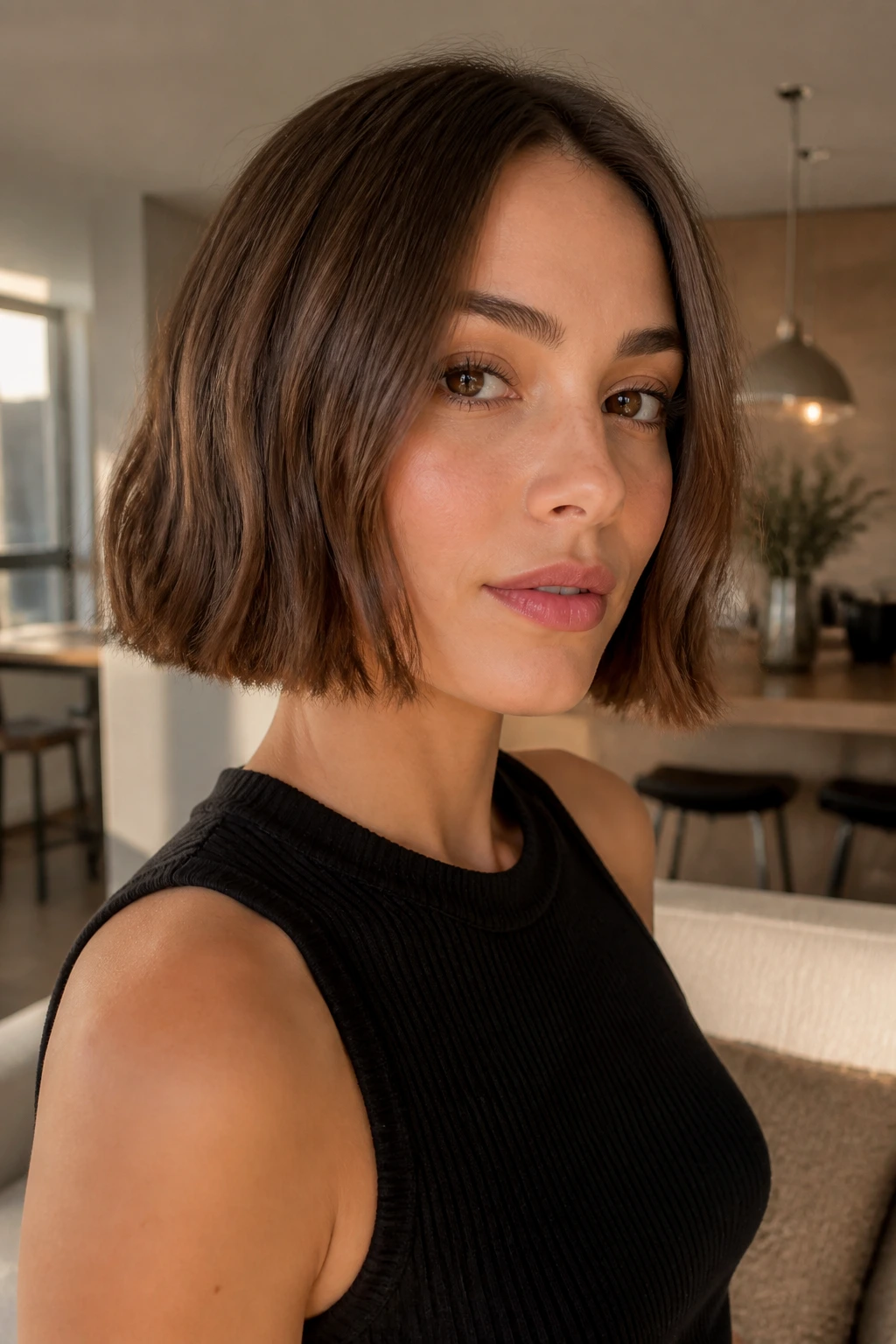 Close-up of a real woman with a blunt, one-length bob and soft waves