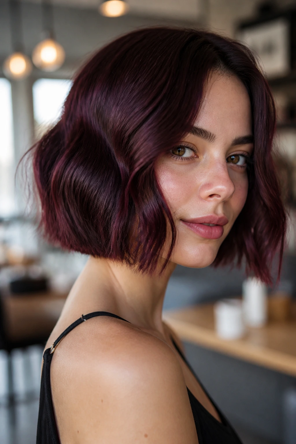 Real woman with blunt bob and soft waves in maroon hair.