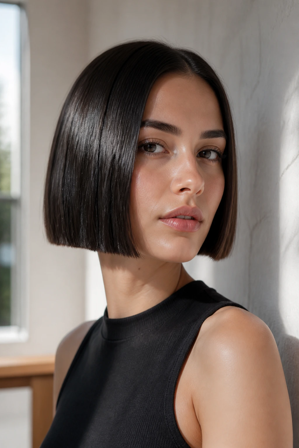 Close-up of a real woman with a blunt wavy bob and center part