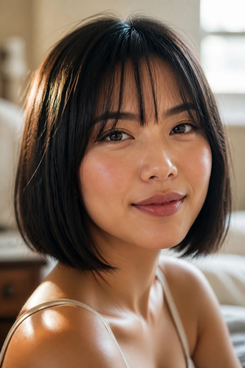 Close-up of a woman with a blunt bob and wispy bangs in natural window light
