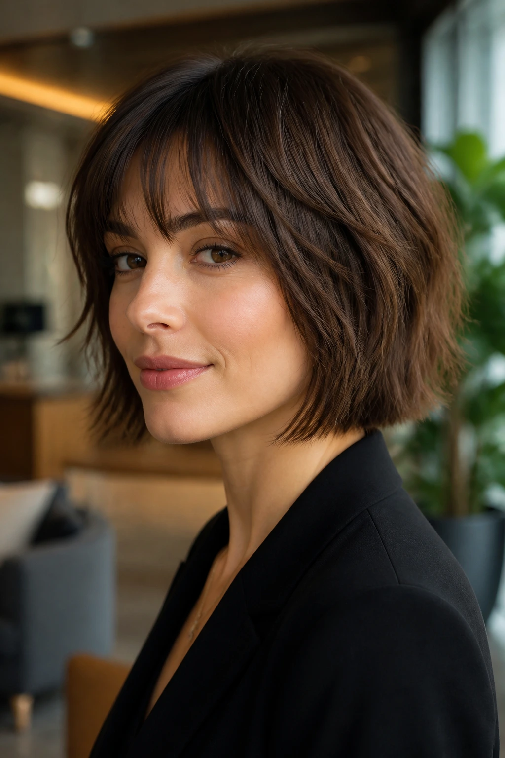 Close-up of a real woman with a blunt-bottom shag and hidden interior layers.