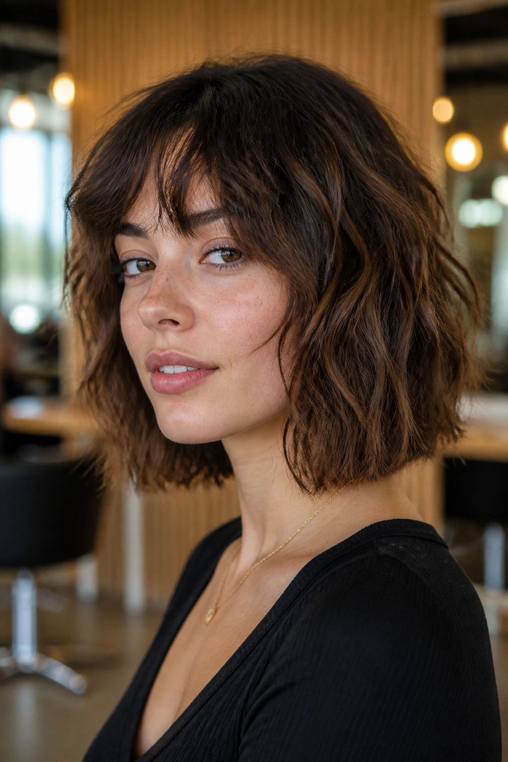 Close-up portrait of a real woman with a blunt-bottom wavy shag hairstyle