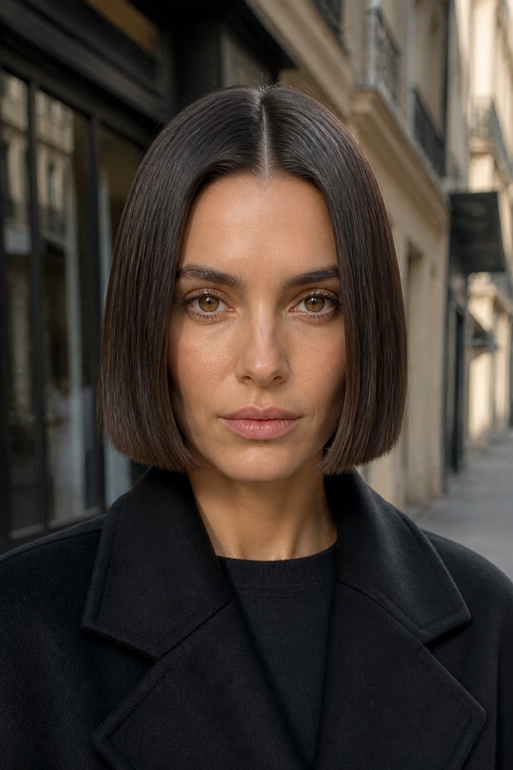 Close-up portrait of a woman with a blunt carré and center part