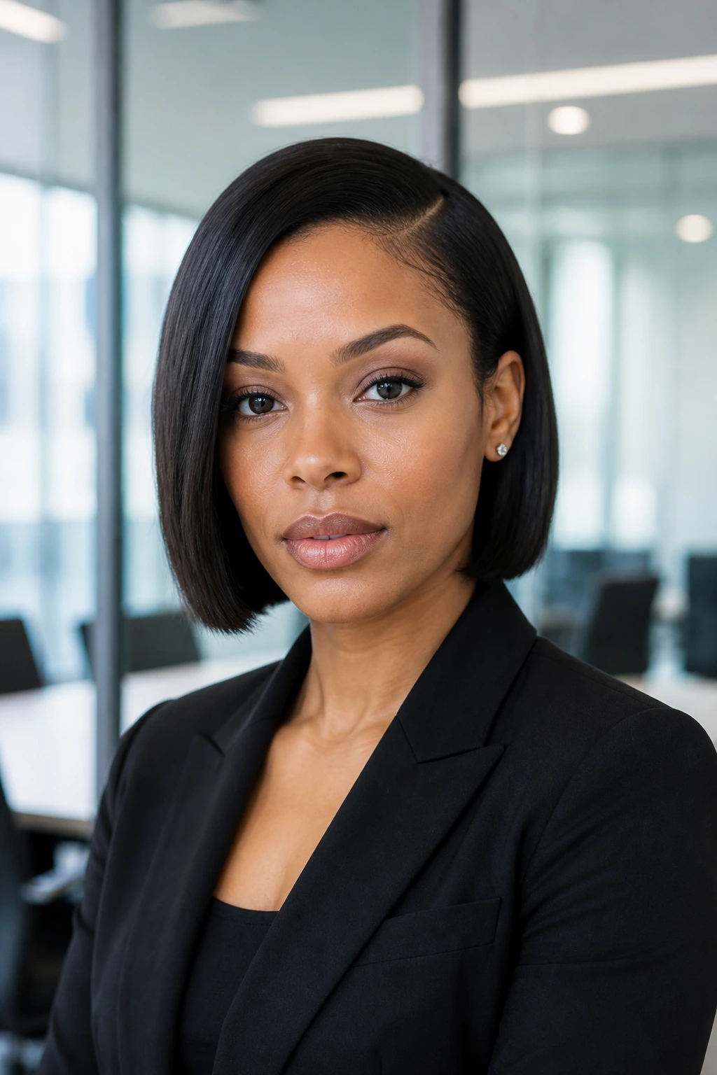 Close-up of a real woman with a side-parted blunt chin bob