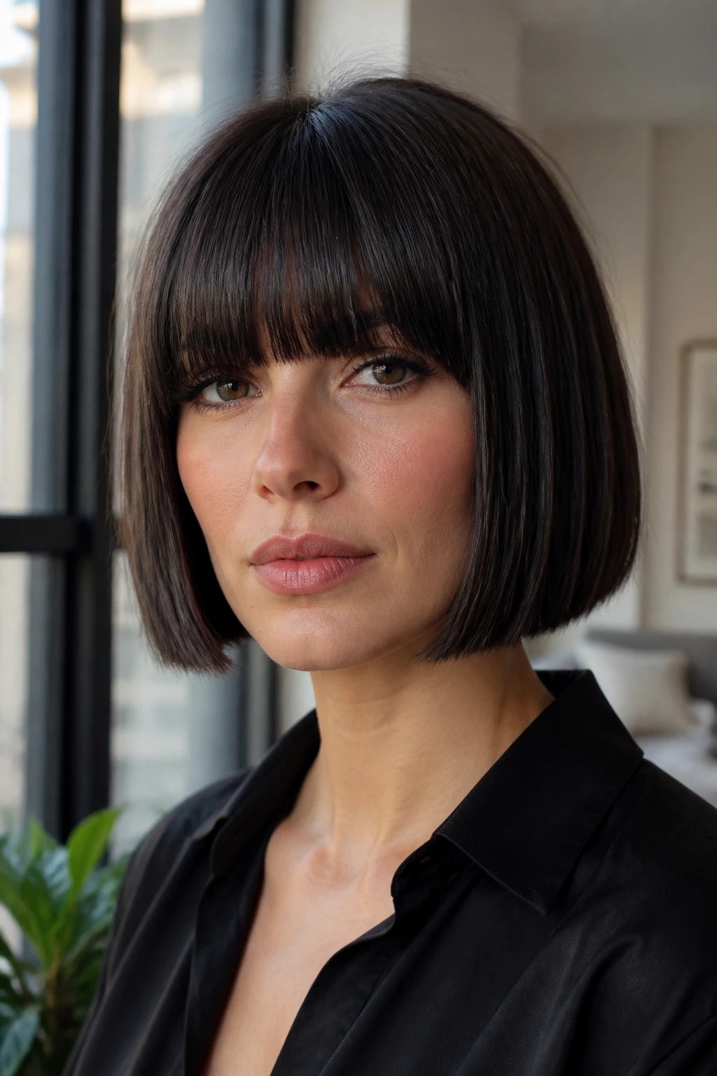 Close-up portrait of a real woman with blunt chin-length bob and heavy bangs.