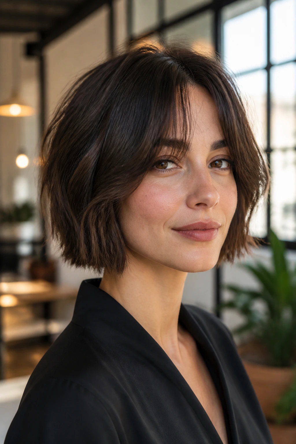 Close-up of a real woman with blunt-to-choppy bob and curtain bangs in an office loft