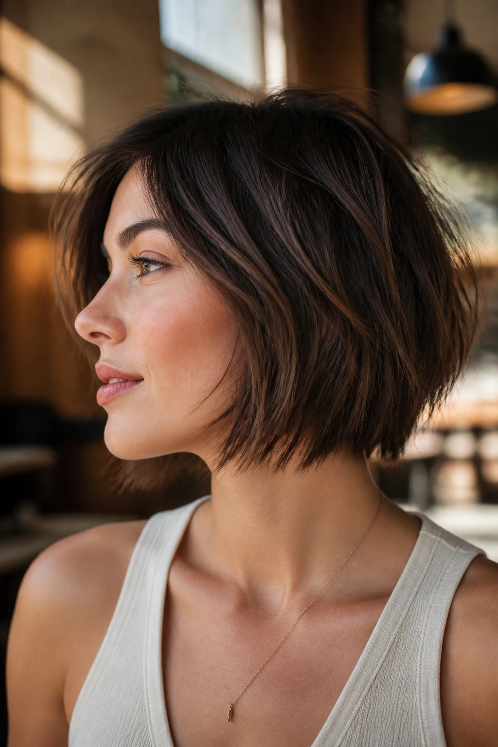 Profile portrait of a real woman with blunt choppy cut and hidden layers in a bright cafe