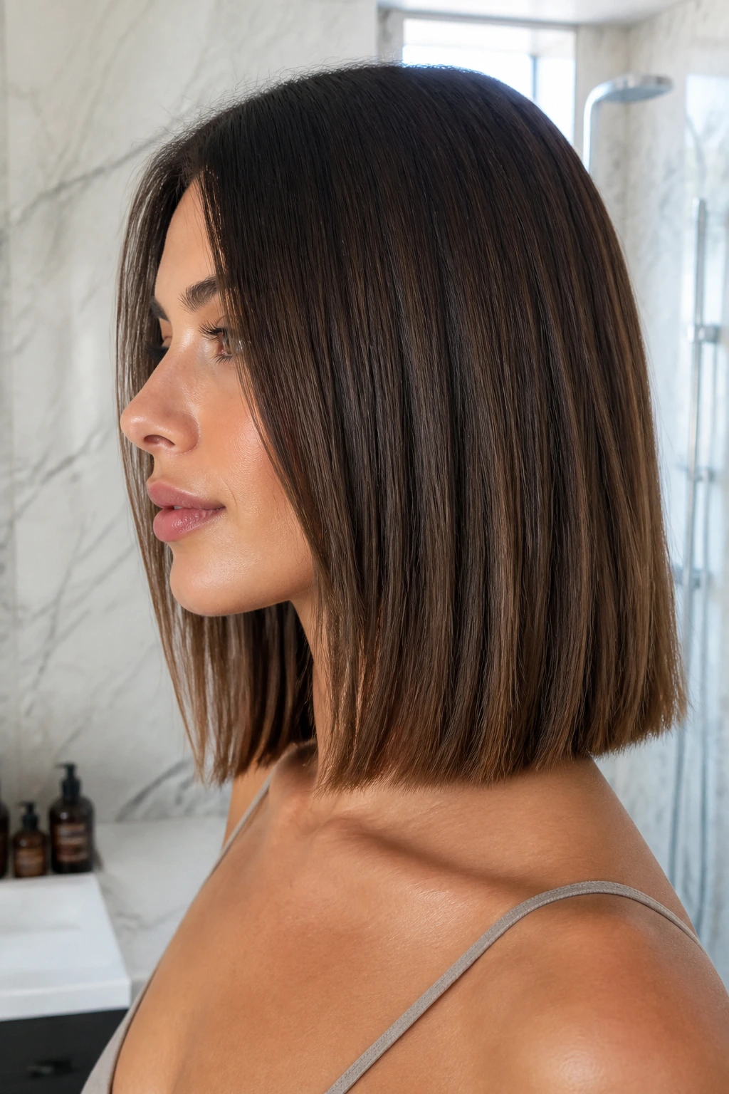 Profile of a real woman with blunt collarbone-length clavicle cut