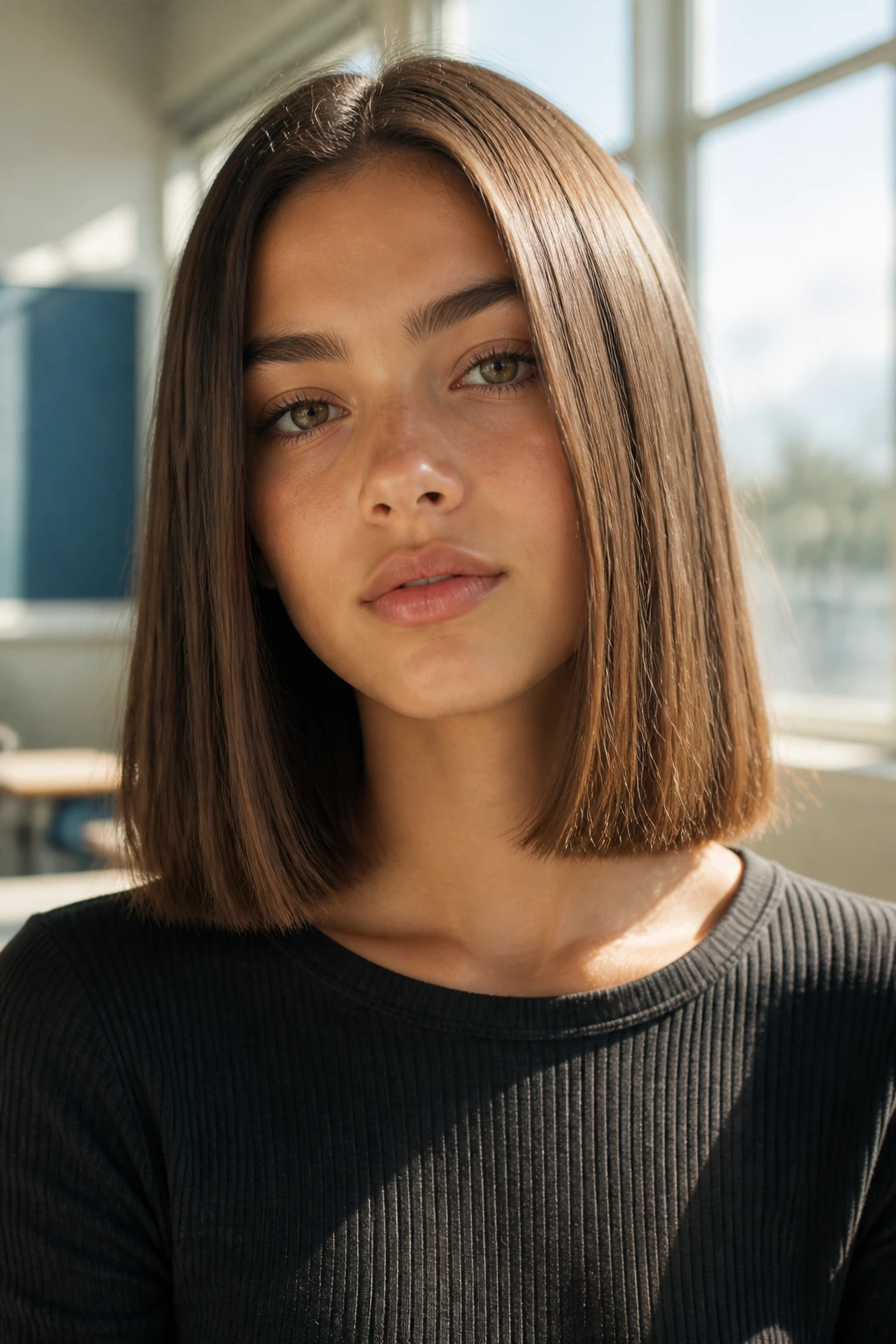 Close-up of a real girl with blunt clavicle-length hair in a bright classroom setting