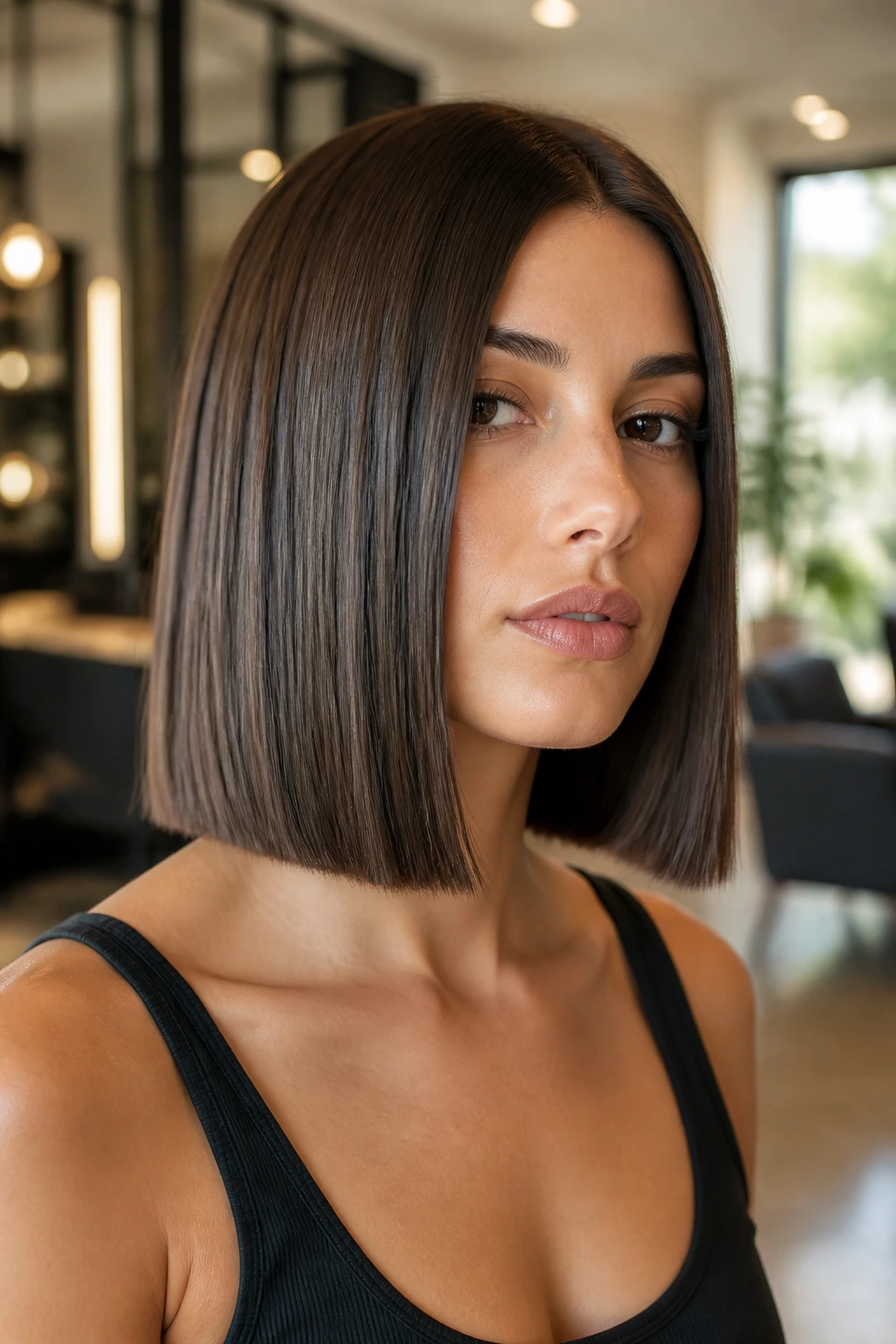 Close-up of blunt collarbone-length bob on real woman in warm salon light