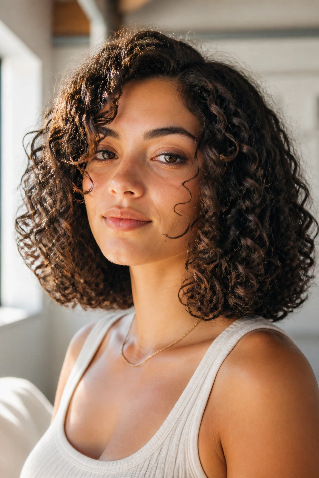 Close-up portrait of a real woman with a blunt collarbone-length bob.