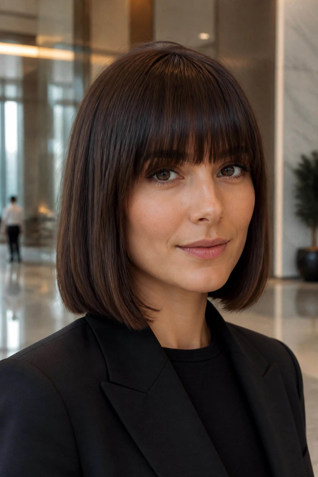 Close-up of person with blunt collarbone bob and full fringe in a professional setting