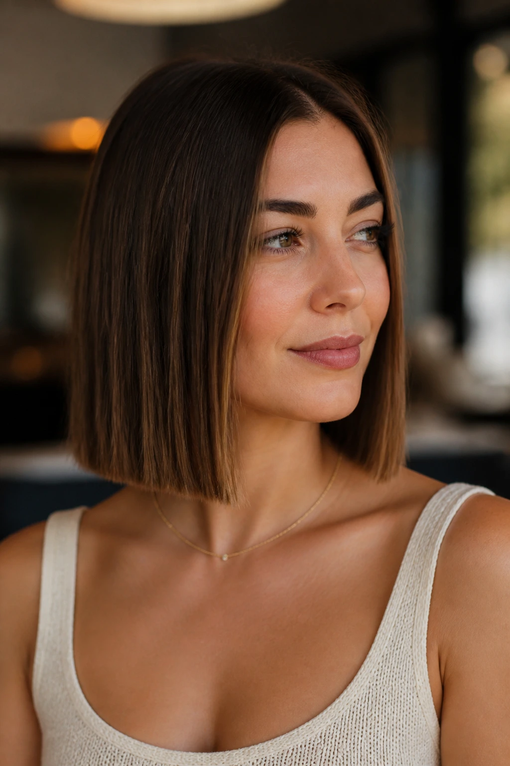 Close-up of a real woman with a blunt collarbone-length bob in cafe light.