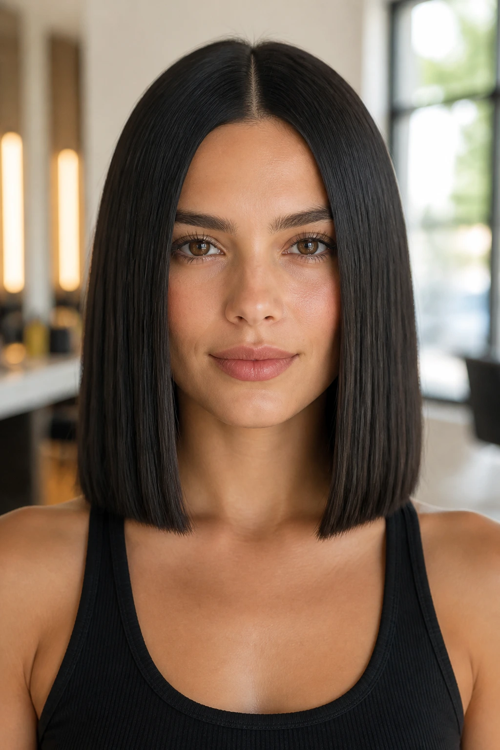 Close-up portrait of a woman with a blunt collarbone-length cut and middle part