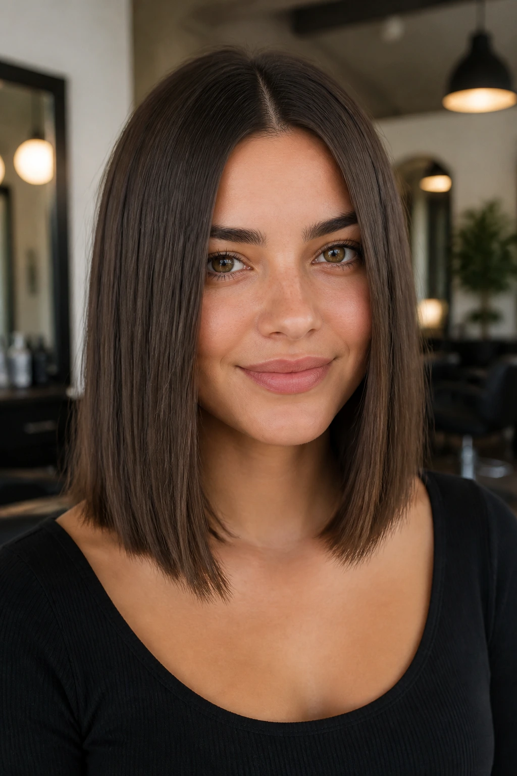 Real woman with blunt collarbone-length hair and a middle part