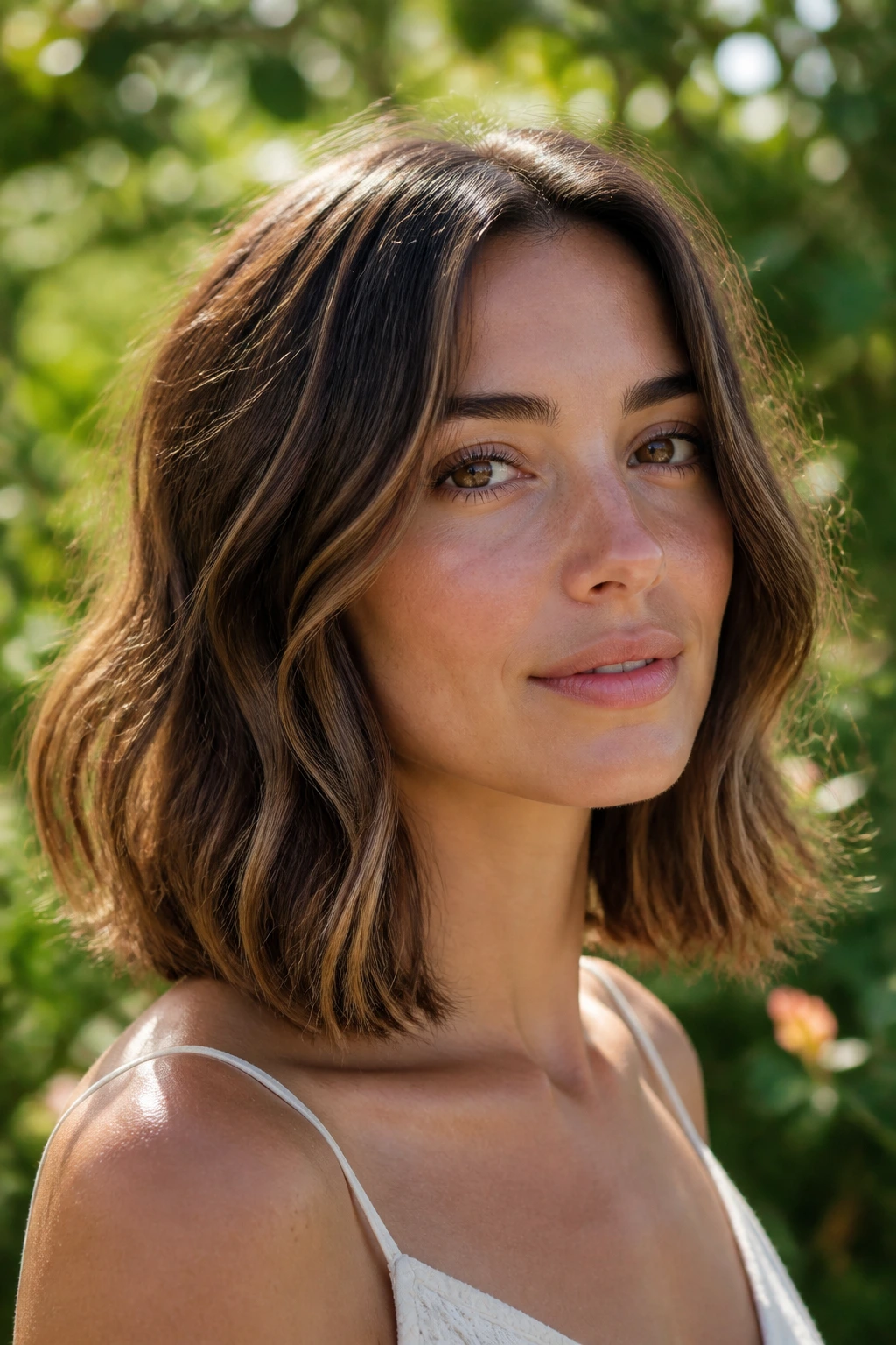 Close-up of a person with blunt collarbone-length waves in an outdoor garden