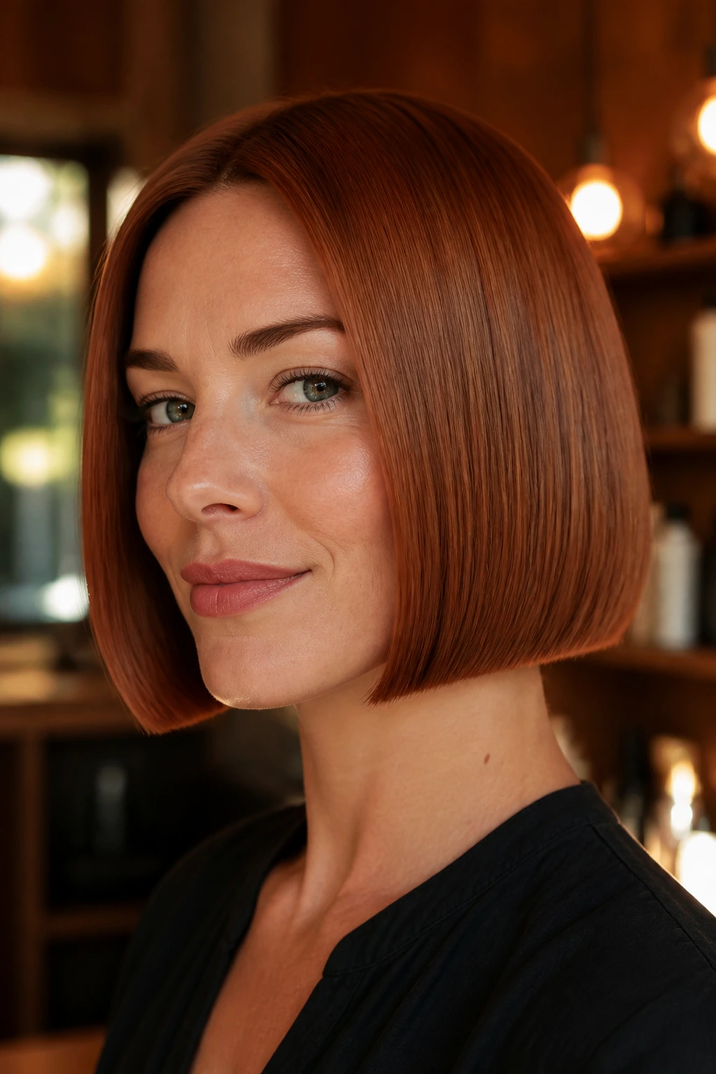Close-up of a real woman with a chin-length copper blunt bob under warm salon lighting