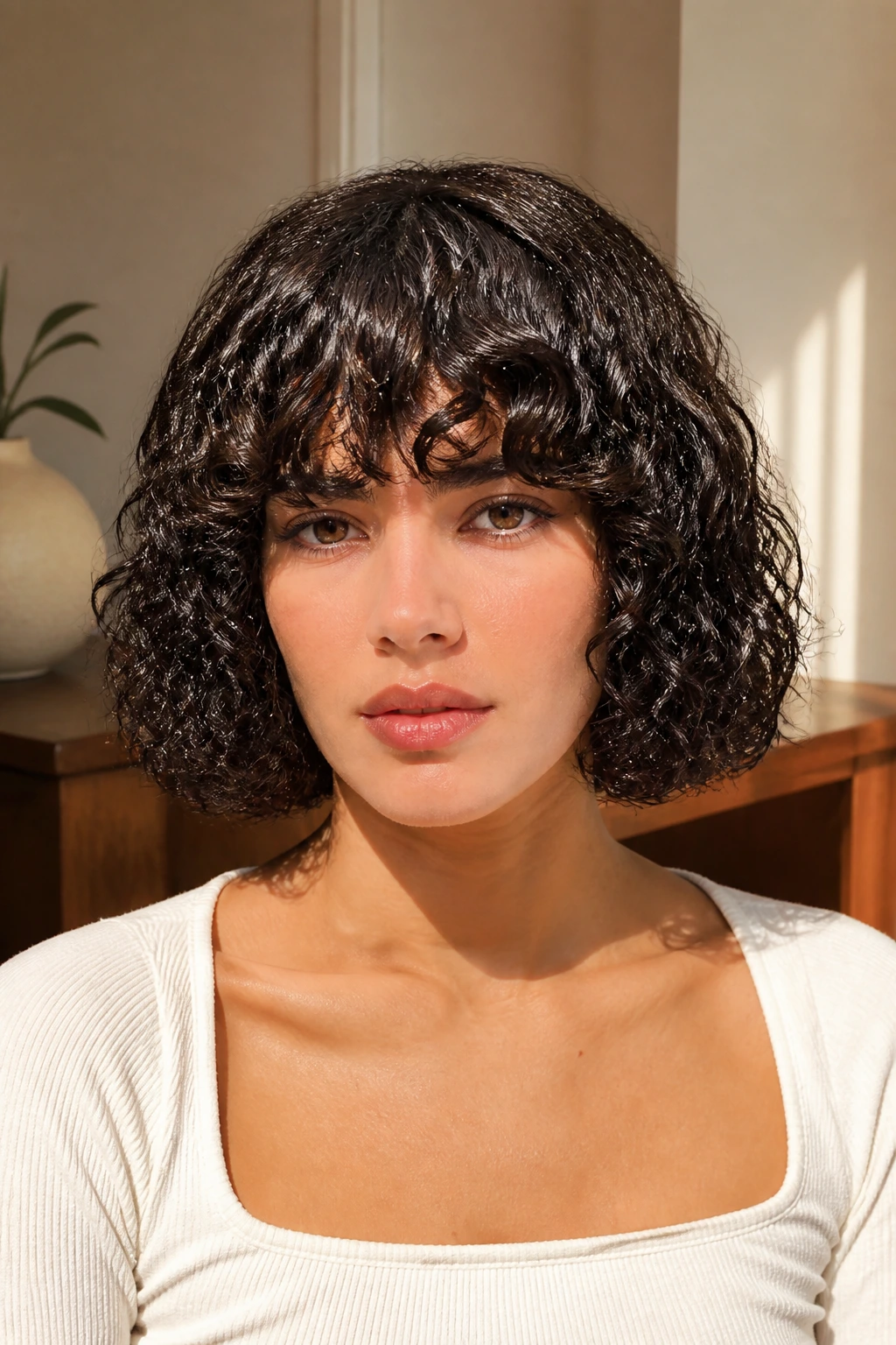 Close-up of a real person with blunt curly bob in sunlight