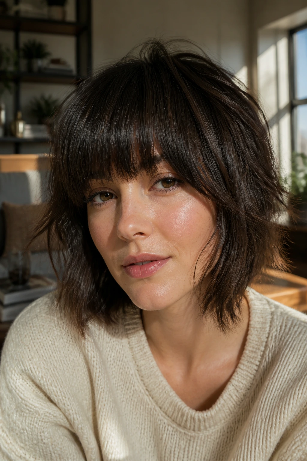 Close-up portrait of a real woman with blunt-to-curtain hybrid bangs in a shaggy bob