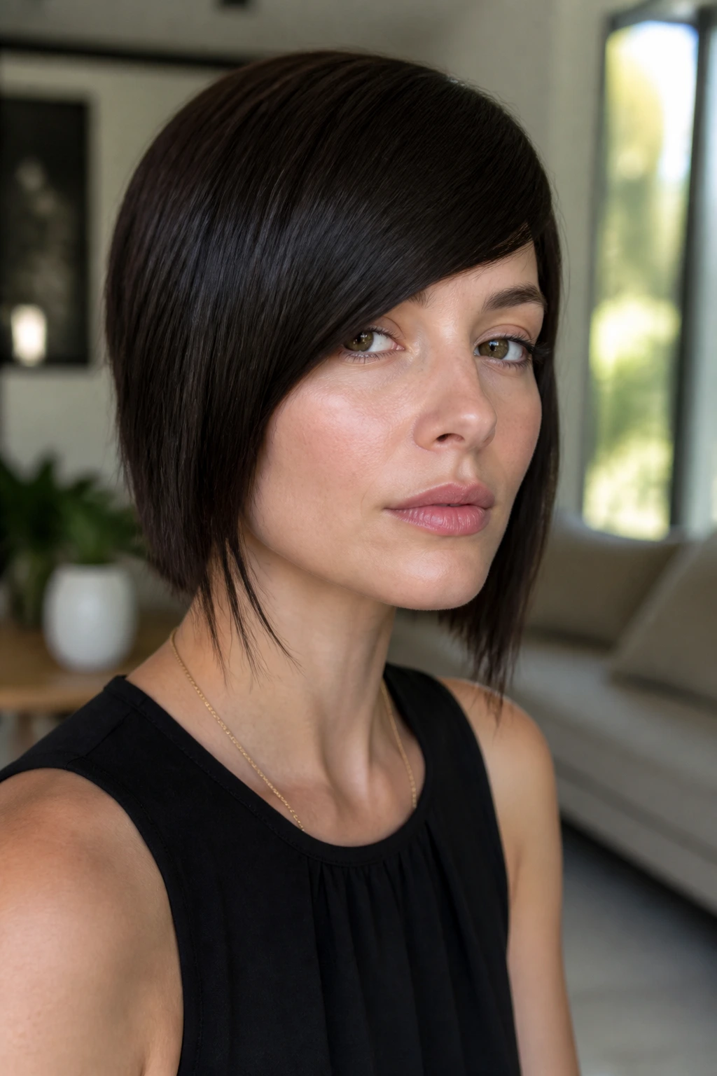 Close-up of a real woman with a blunt-cut angled fringe in daylight.