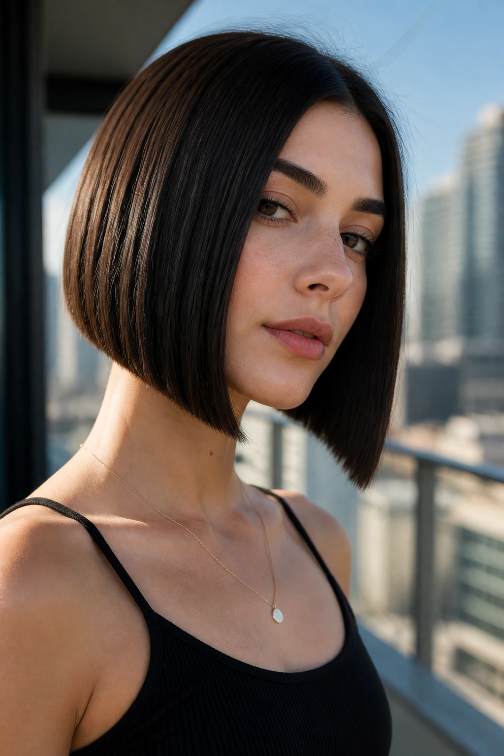 Close-up portrait of a real woman with blunt-cut angled bob.