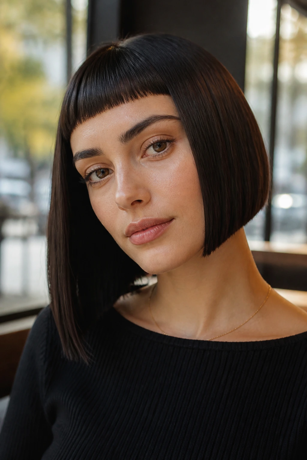 Close-up portrait of a real person with a sleek asymmetrical blunt cut and baby bangs
