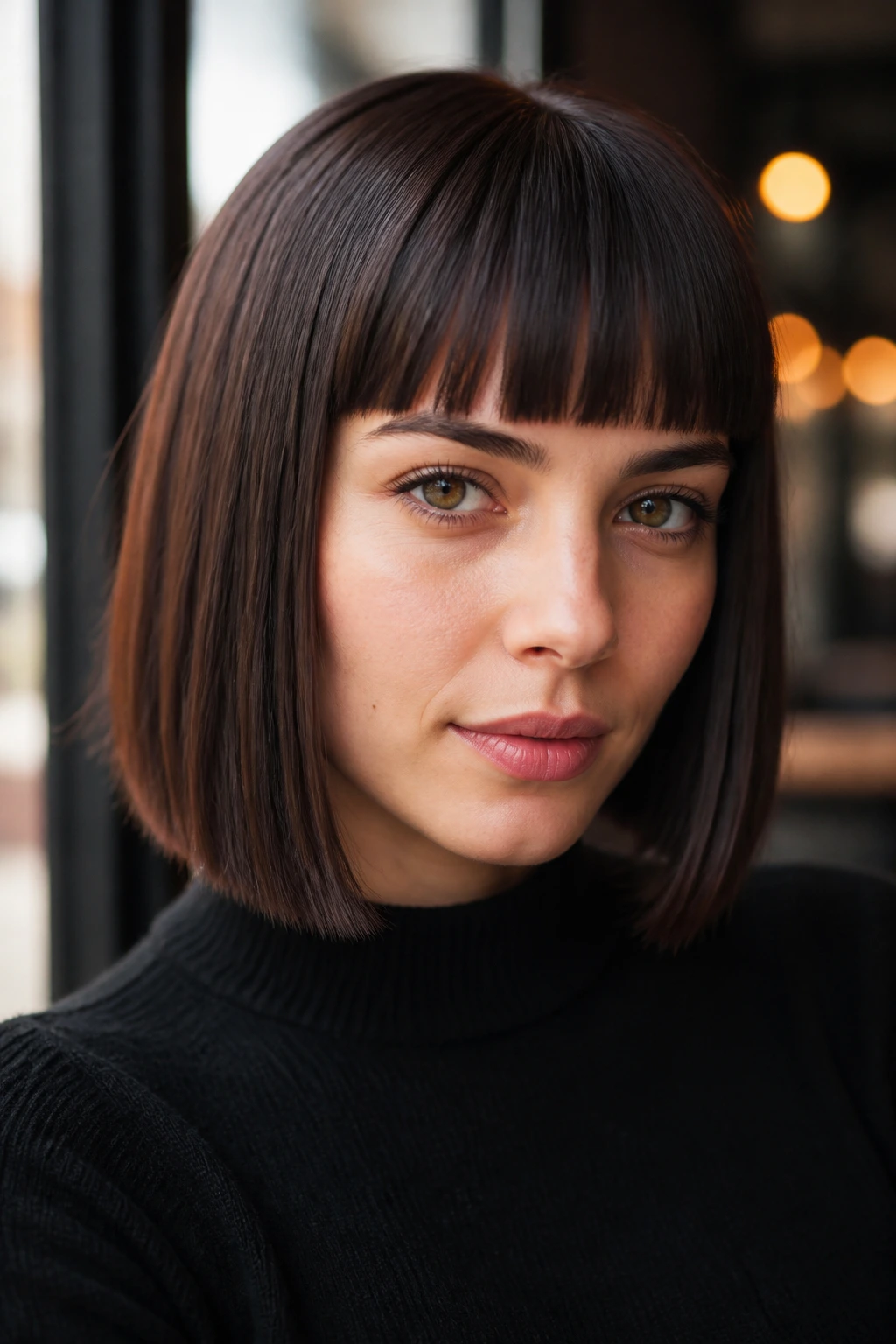 Close-up portrait of a person with blunt cut hair and straight-across bangs in cafe light