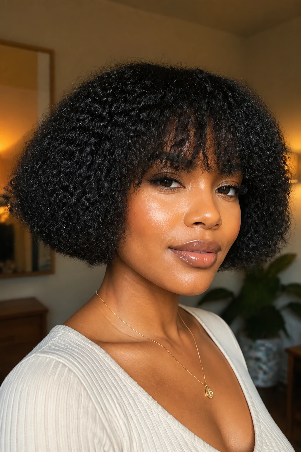 Close-up of a real person with blunt cut bangs and seamless bob transition.