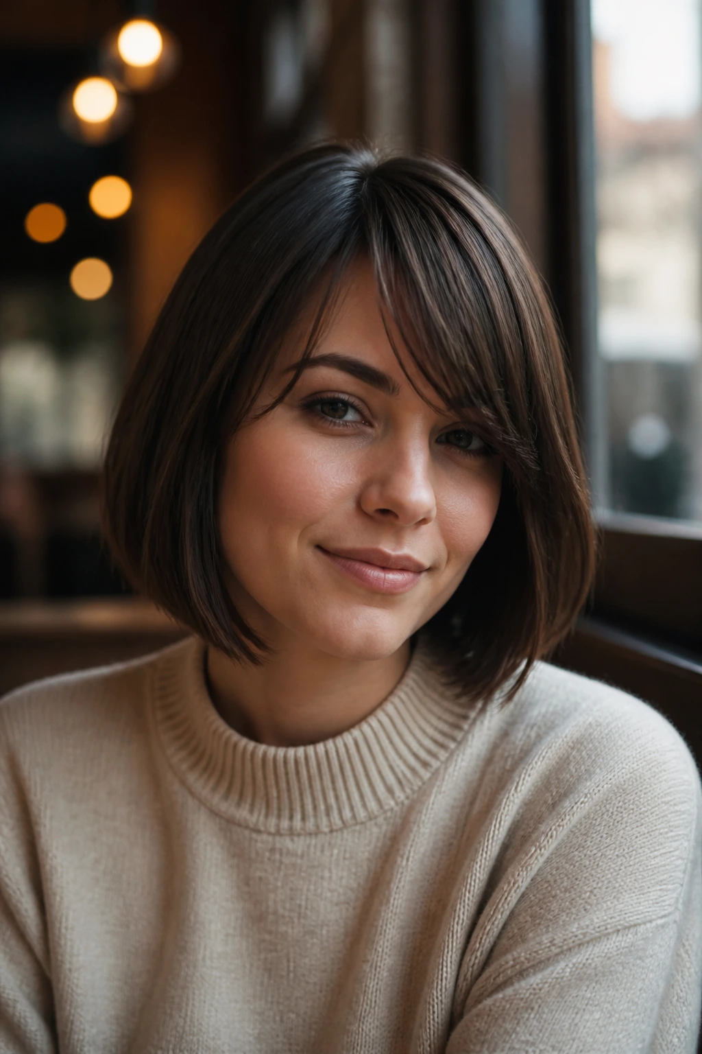 Portrait of a woman with blunt bob and side-swept bangs in cafe light