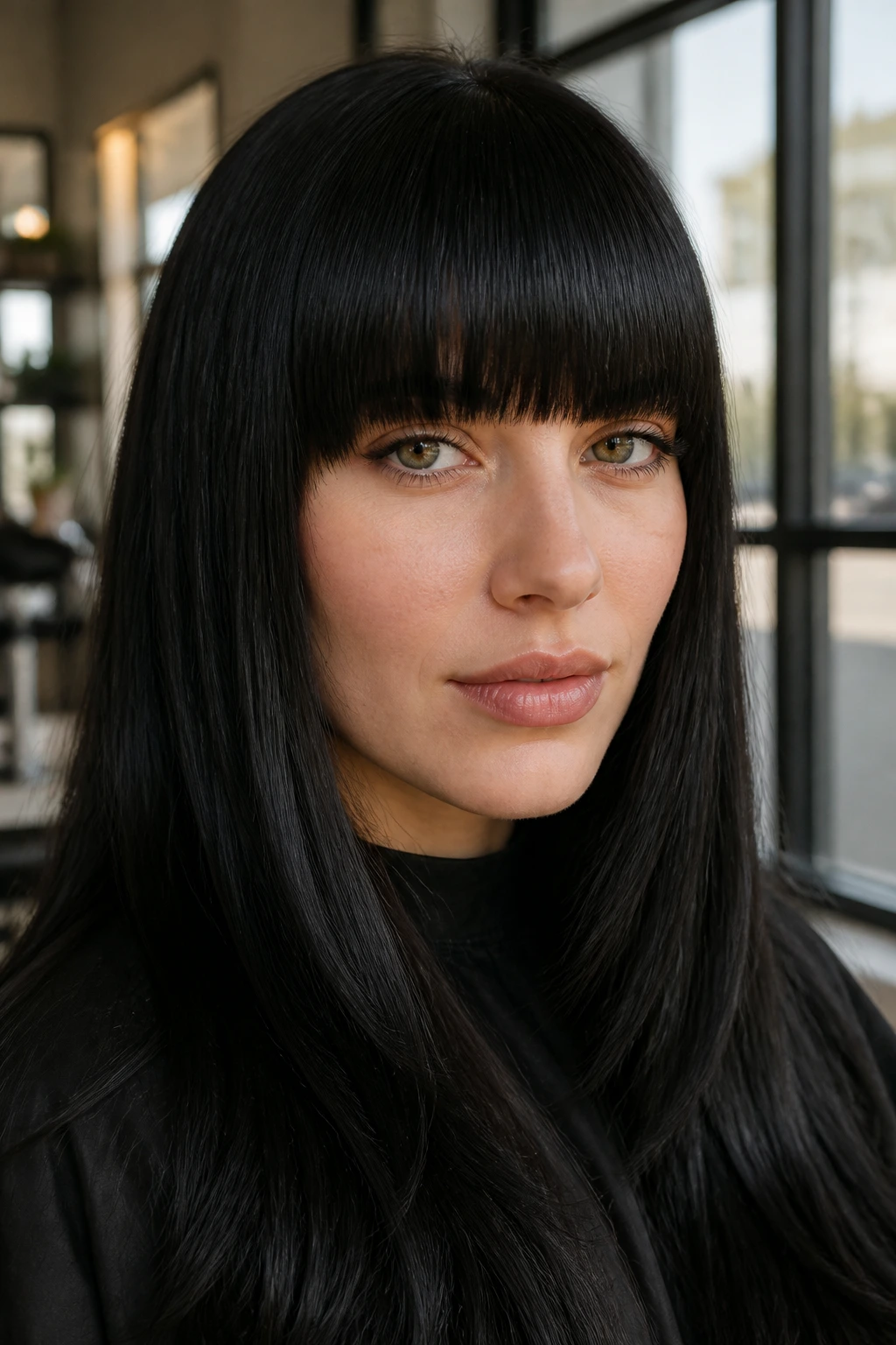 Close-up of a real woman with classic blunt-cut heavy bangs at eyebrow level.