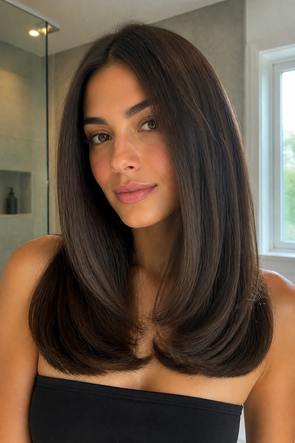 Portrait of a woman with a sleek blunt-cut blowout and curved ends in bright natural light.