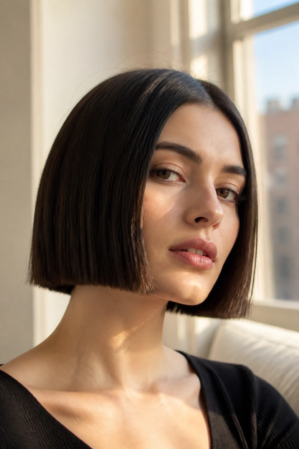 Close-up of a real woman with a jaw-length blunt-cut bob in soft window light