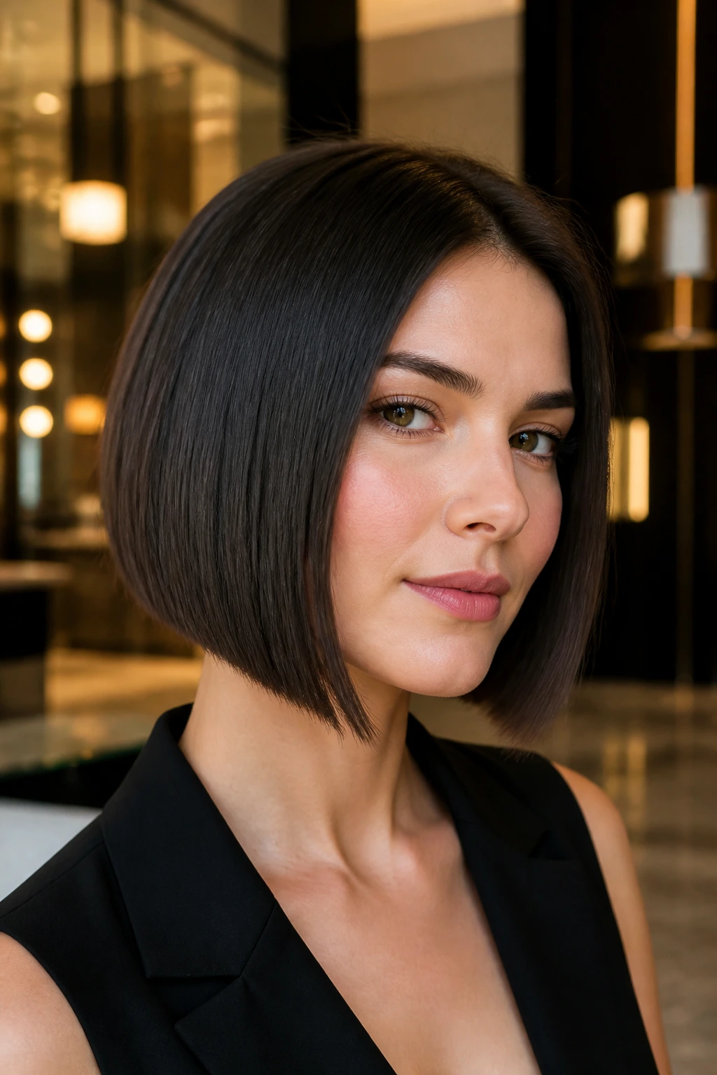 Close-up of a real woman with a sleek blunt-cut bob