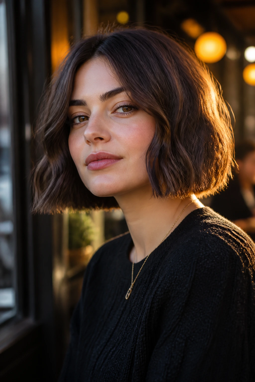 Close-up of a real woman with blunt cut wavy bob at golden hour