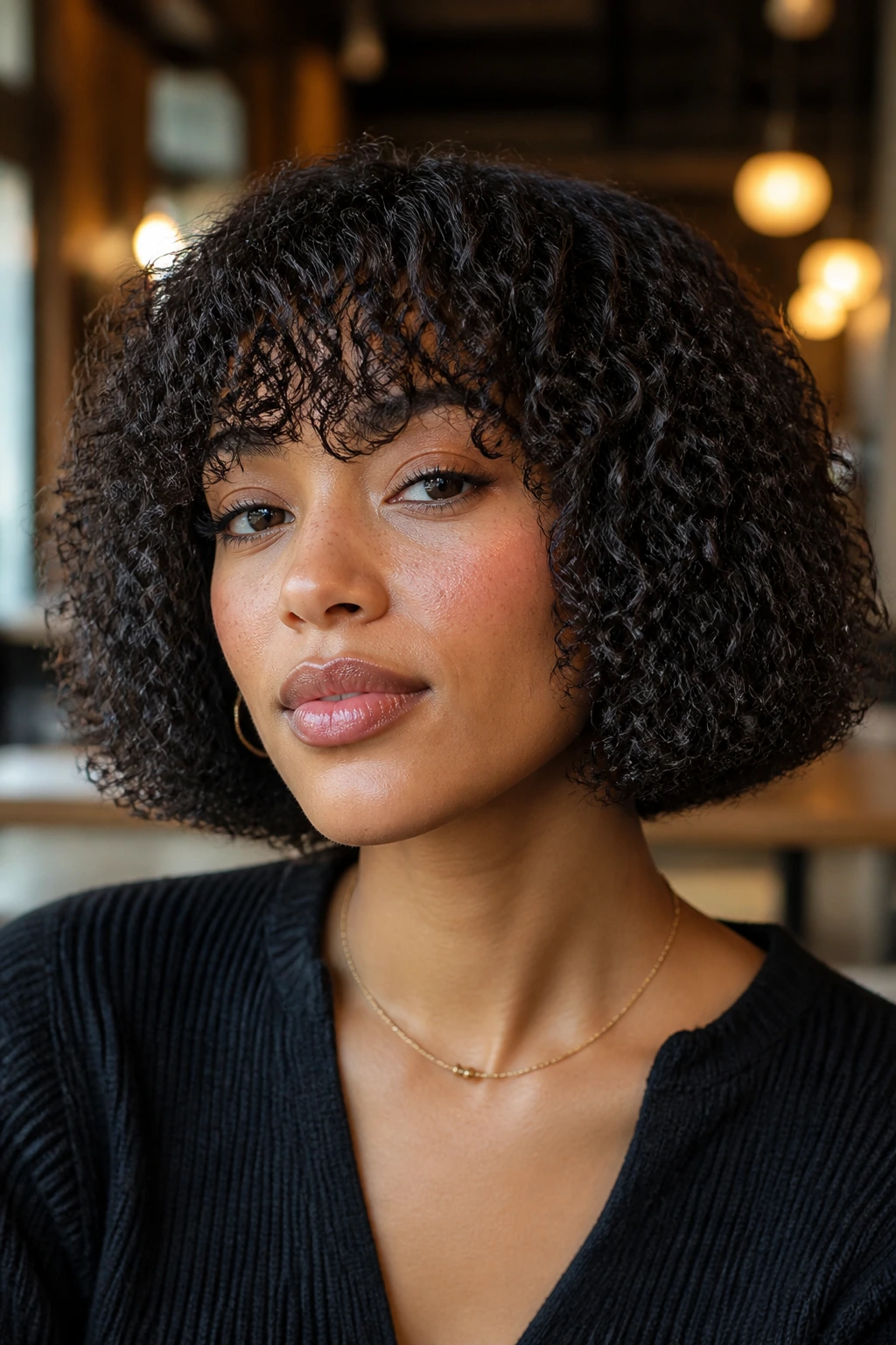 Close-up of a real woman with blunt cut bob and curly bangs