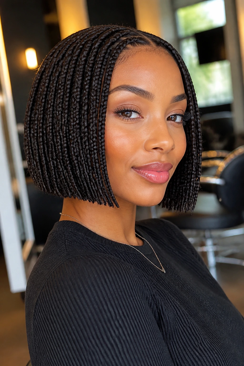 Close-up of a real person with blunt-cut bob braids showing sharp, even ends.