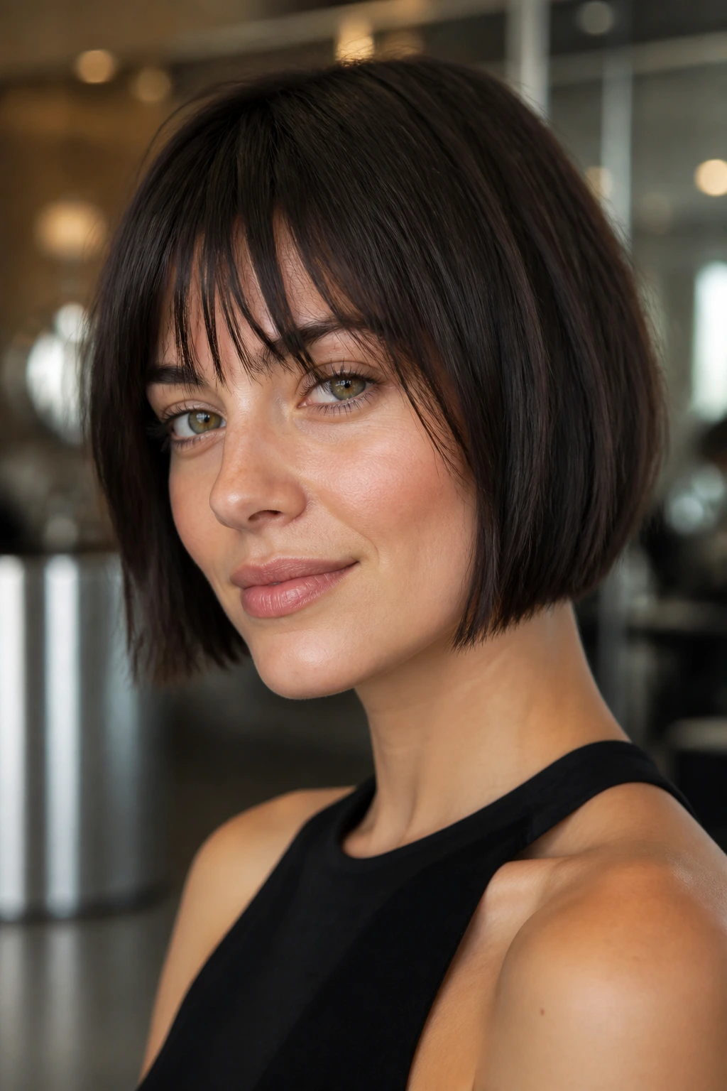 Close-up of a woman with blunt cut bob and piecey fringe