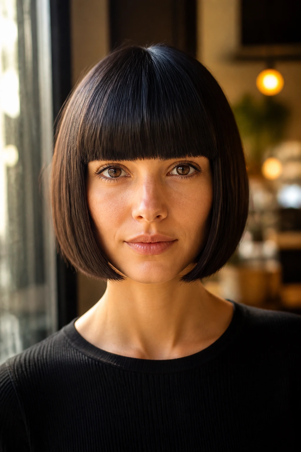 Close-up of a real woman with blunt-cut bob and heavy bangs