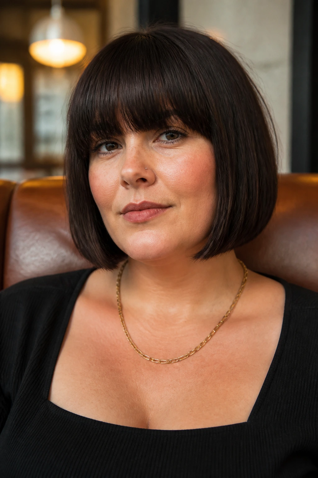 Close-up of a woman with blunt-cut bob and heavy fringe in a modern interior