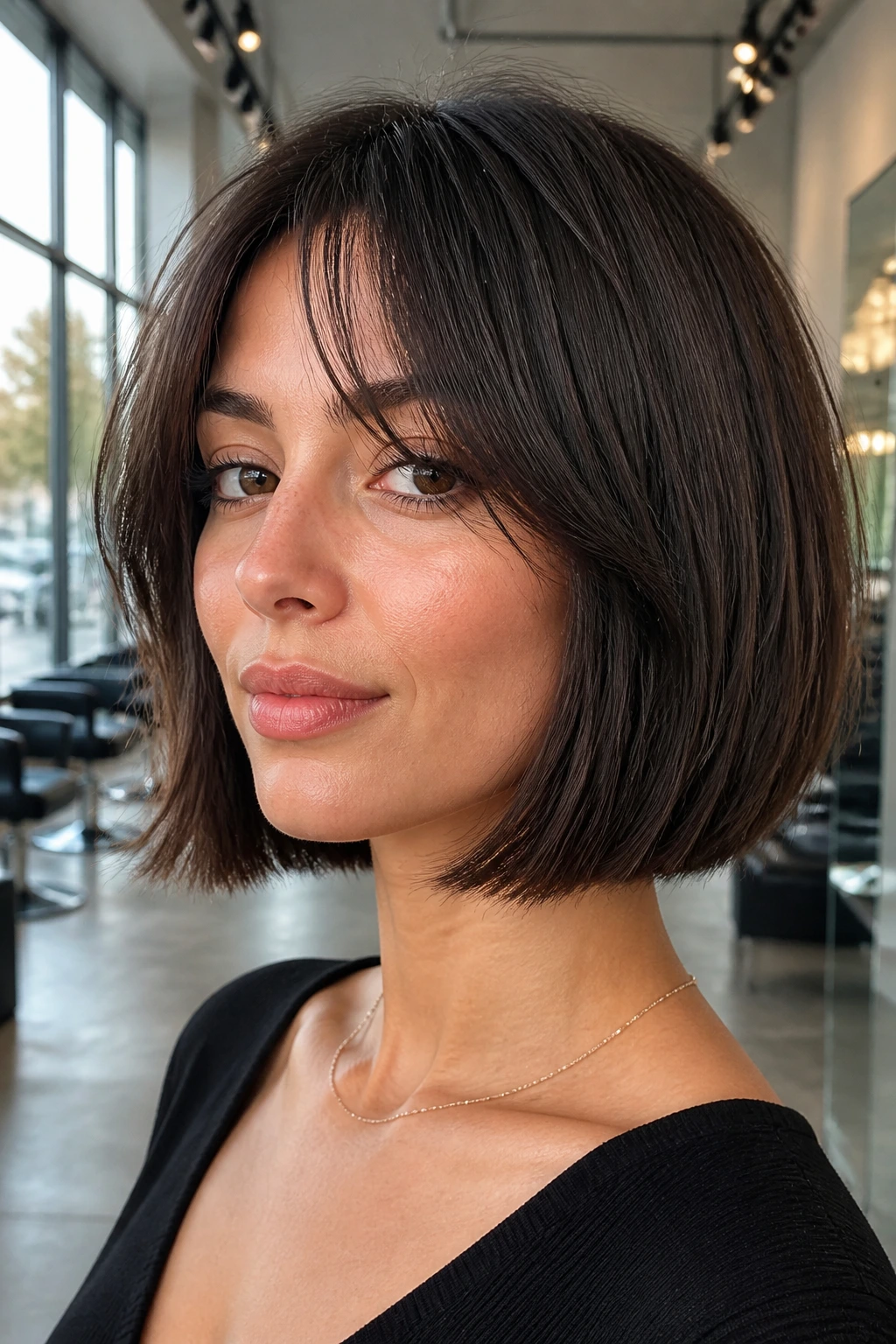 Real person with blunt-cut bob and internal layers.