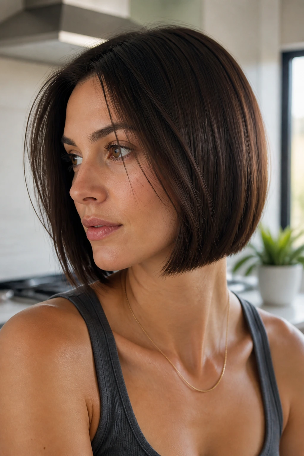 Close-up of a woman with blunt-cut bob featuring internal layers