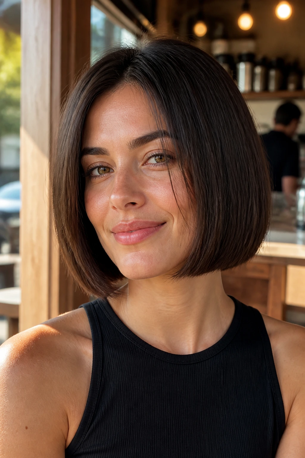 Real person with blunt-cut bob and subtle internal layers visible